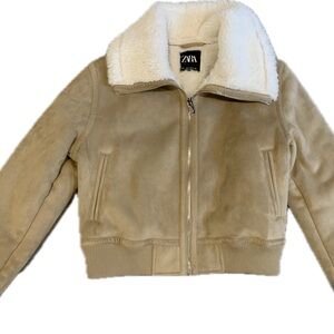 Zara Beige Faux Shearling Jacket with White Collar
